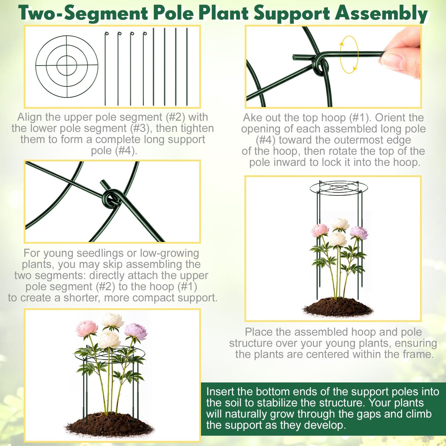 Geelin 6 Pcs Adjustable Peony Cages and Supports, 24 x 12 Inch / 9 x 12 Inch Metal Peony Support Cage, Large Plant Frame Rings for Garden Outdoor Plants Flowers Tomato Vegetables, Height Adjustable