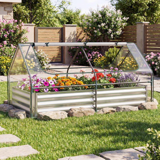 S AFSTAR Raised Garden Bed with Cover, 6FT x 3FT x 3FT Galvanized Bottomless Garden Bed with Greenhouse, Dual 2-Tier Roll-Up Windows, Easy Venting & Watering, Outdoor Metal Planter Box Kit with Cover
