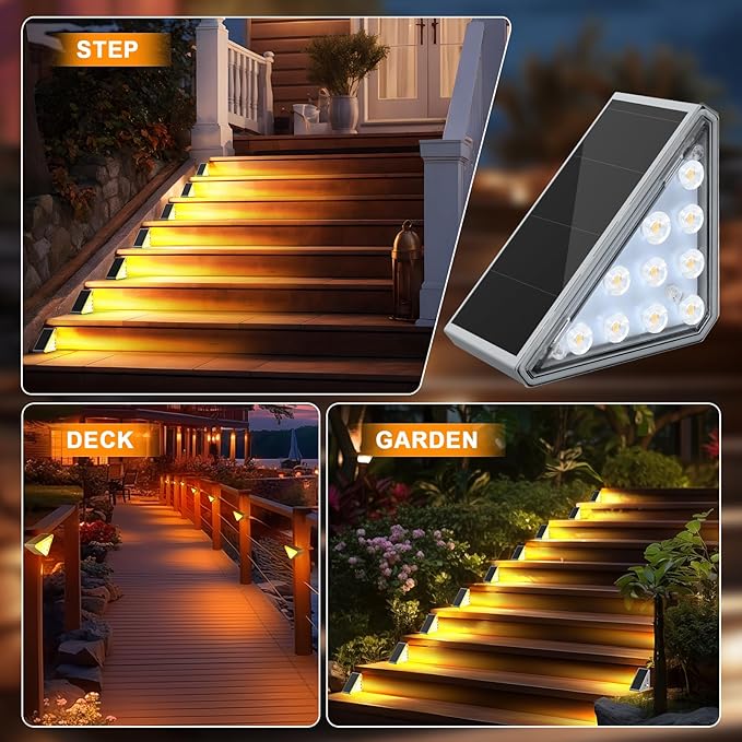 8 Pack Solar Stair Lights, Outdoor Step Lights with Waterproof IP67, Warm White LED Solar Light for Outside Light Decor for Stair, Deck, Front Step, Front Porch, Patio and Backyard