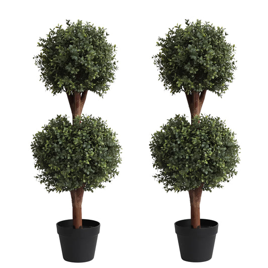 （Set of 2） Lifelike 3Ft arfiticial Double Ball Topiary Trees Outdoor Faux Topiary Tree for Out Door Porch Decor