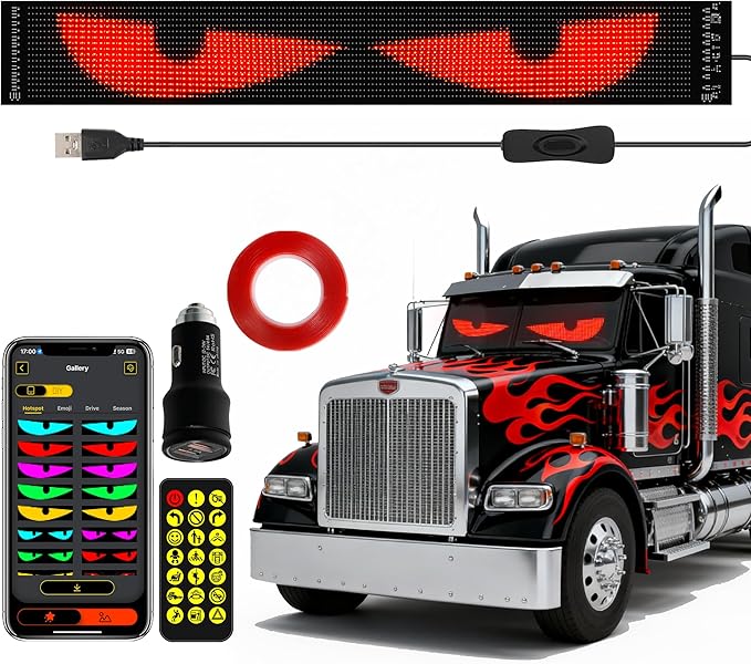 Truck Windshield LED Eyes | 52.4“x7.56” Programmable Devil Eyes Light Bar with APP & Remote for Semi-Trucks