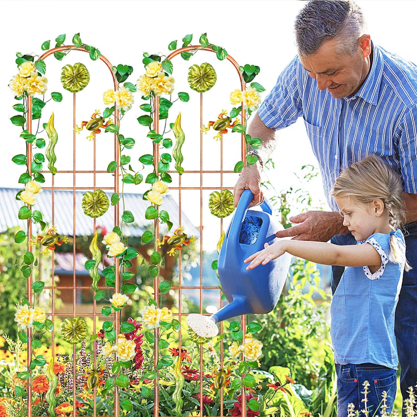 2Pcs Metal Garden Trellis, Arched Fence Trellis Plant Support Trellises, Supporting Plants Outdoor Decoration for Climbing Plants Lawn Yard Patio Backyard Wall Brackets (Frog)