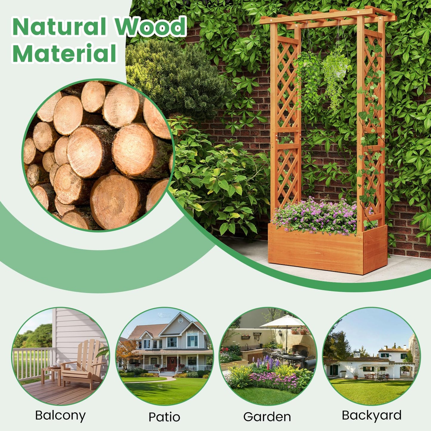 LDAILY Raised Garden Bed with Trellis, Above Ground Garden Bed with Hanging Roof, Side Trellis, & Drainage Holes, Planter Box for Outdoor Climbing Plants Vines Flowers (1, 31" L x 14" W x 60" H)