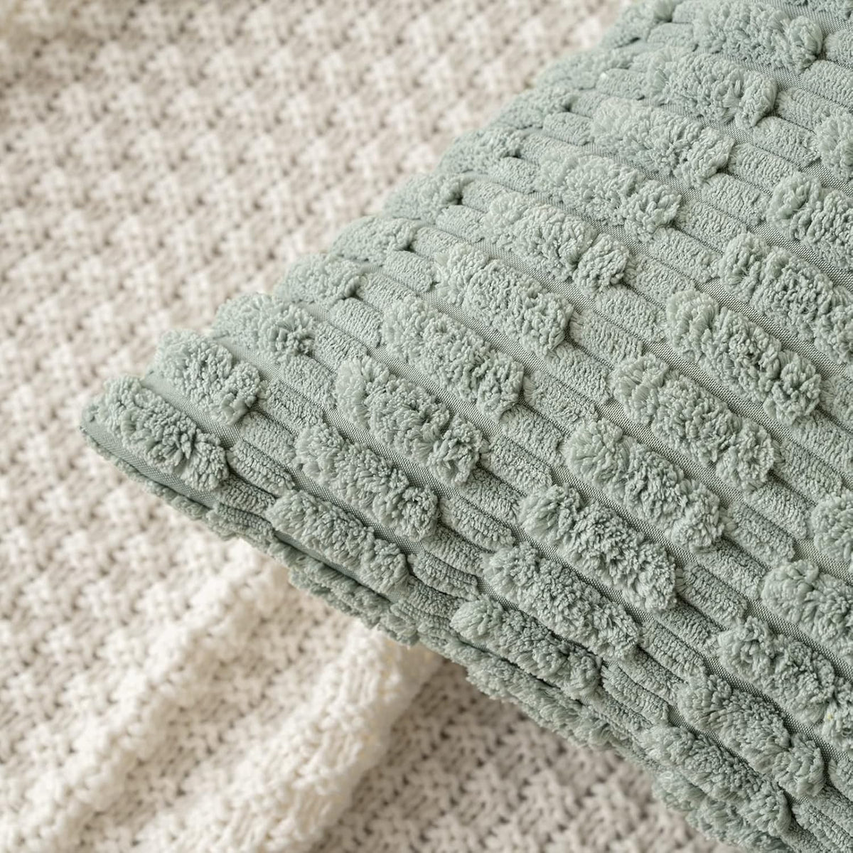 MIULEE Decorative Throw Pillow Covers - Soft Boho Striped Corduroy | Pack of 2, 12x12 Inch, Greyish Green
