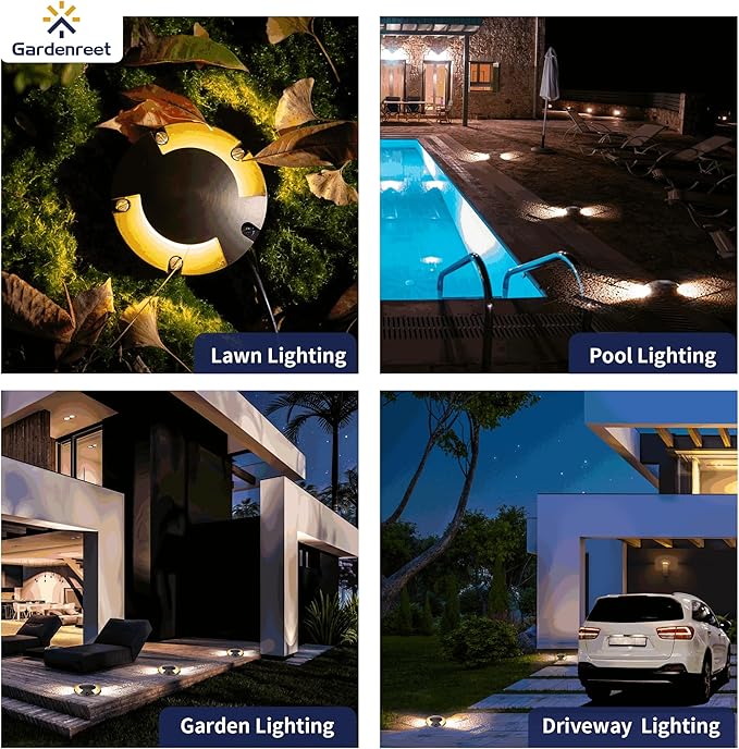 Gardenreet Brass Waterproof In Ground Well Light Kit(4 Pack) with 75W Low Voltage Transformer & MR16 Bulb & 100Feet Wire & Connectors, 12V LED Landscape Lighting for Outdoor Walkway Path(2 Way Turret)