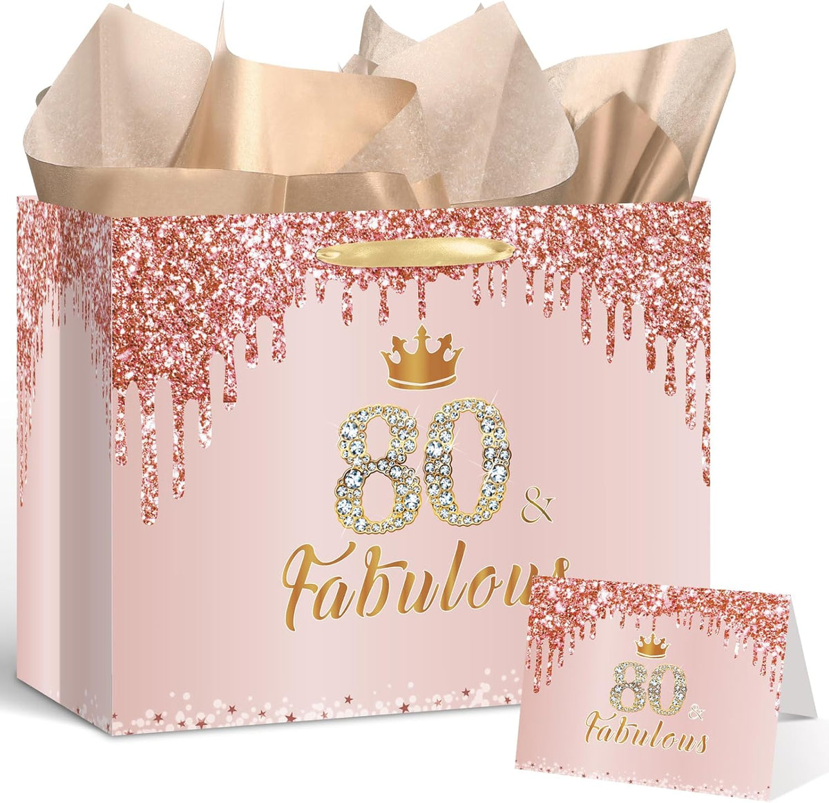 Yoirrat Rose Gold 80th Birthday Gift Bag - Large Pink Design with Wrapping Paper & Card for Women