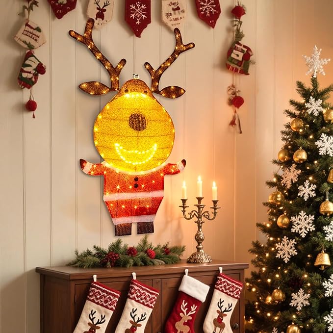 EAMBRITE Lighted Reindeer Christmas Decorations Outdoor, Animated Deer with Motion Sensor & Music, 2-in-1 Yard Stake Hanging Wall Decor for Indoor Holiday Decorations, Outside Yard Patio Home Decor