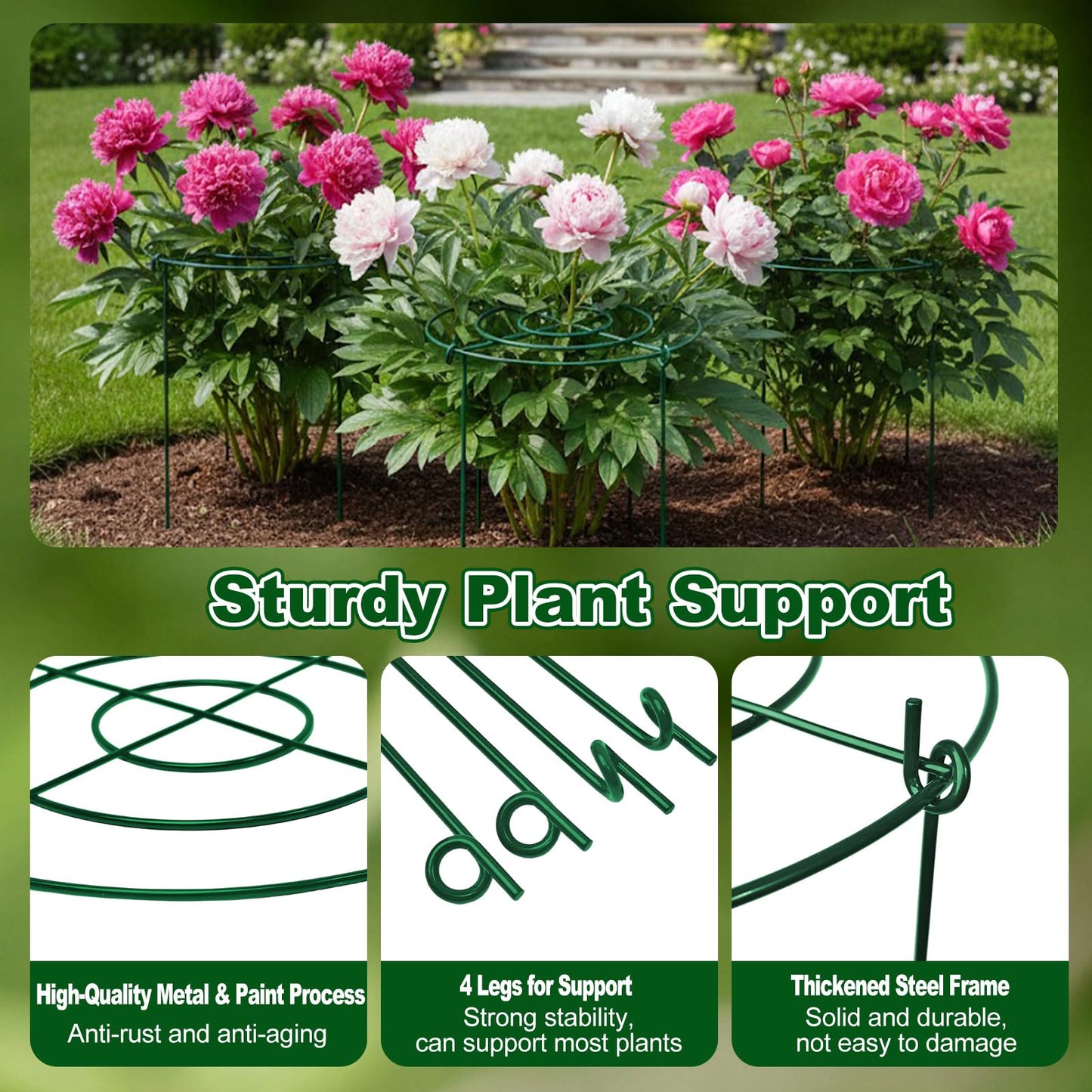 10 Pack Metal Peony Cages and Supports with 20 Plant Twist Clip Ties, Plant Support Stakes for Indoor Outdoor Plants, Tall Plant Holder Stick Kit, Plant Support Ring for Peony, Rose,Tomato, Hydrangea