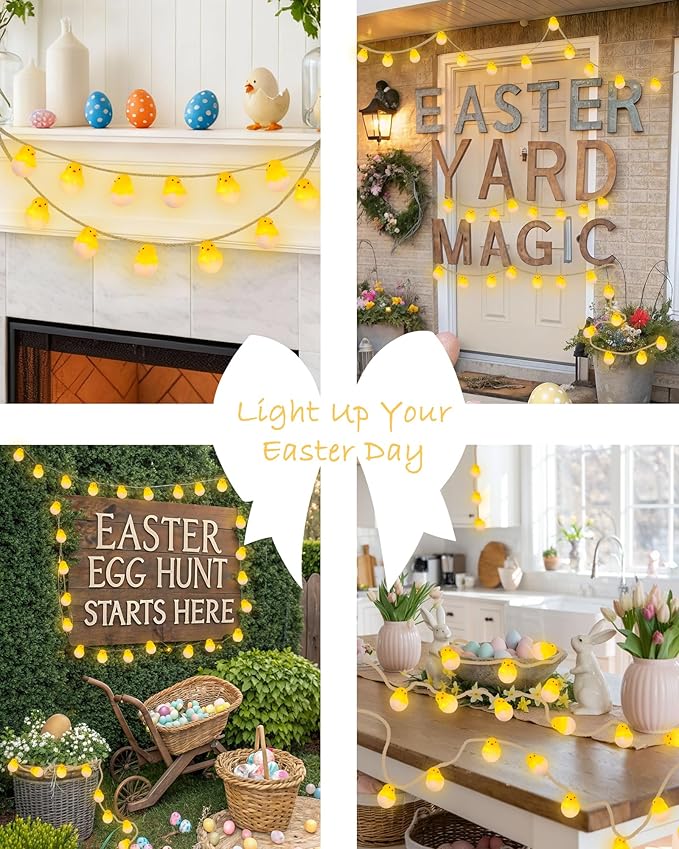 Easter Decoration String Lights, 10 FT 12 LED Eggshell Chicken Mantel Garland Battery Operated with Remote Timer 8 Modes, Hemp Rope Banner for Fireplace Table Wall Spring Party Indoor Outdoor Decor
