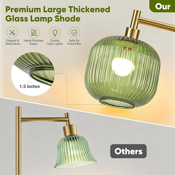 QiMH Glass Floor Lamp for Living Room, Modern Standing Lamp with Green Ribbed Glass Lampshade, Remote Control & Adjustable Height, 65” - 70”Tall Lamp for Bedroom Study Room, Brushed Gold