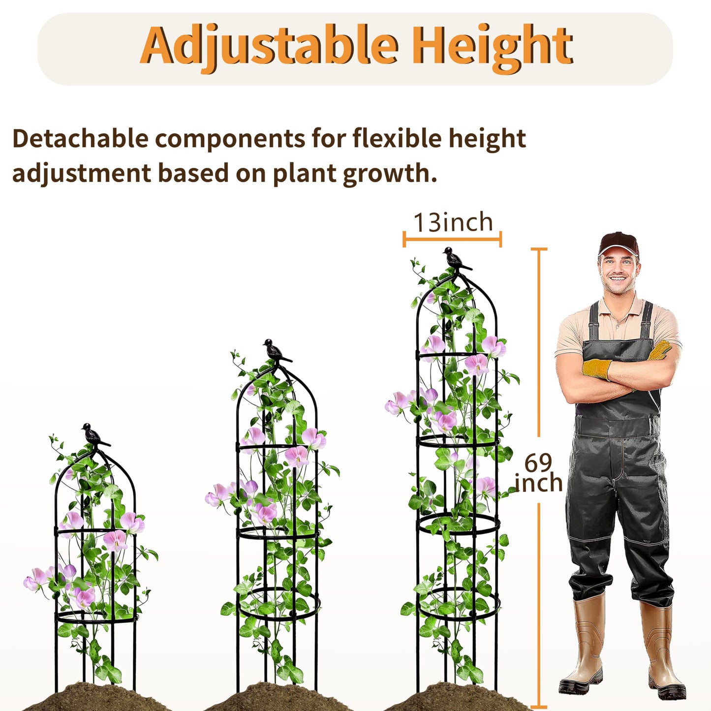 SORANGEUN 2 Pack Garden Obelisk Trellis for Climbing Plants Outdoor, 6FT Adjustable Metal Plant Support with 3 Decorative Tops, Black Rustproof Trellis for Roses, Tomatoes, Clematis & Vines