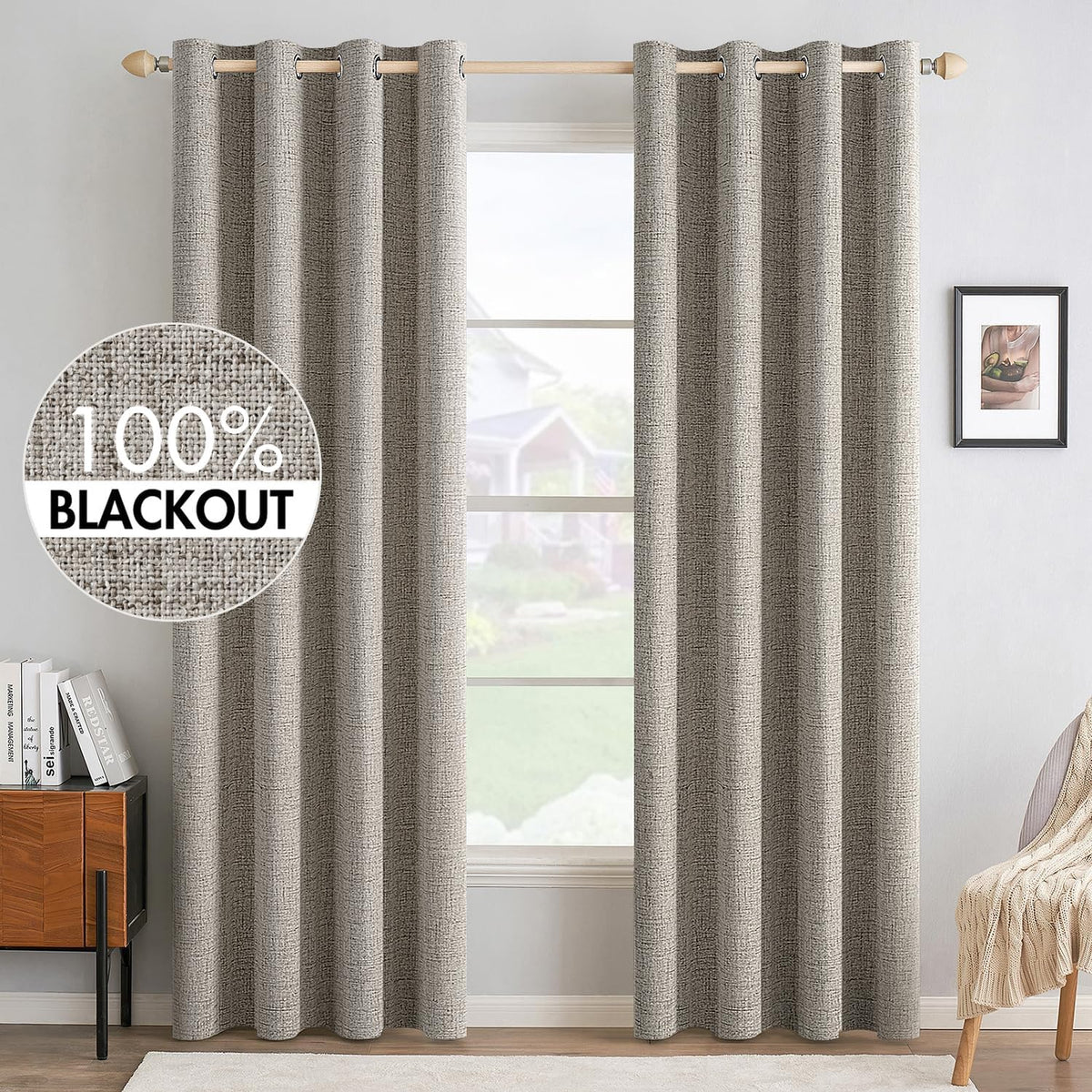MIULEE Blackout Linen Curtains - 100% Thermal Insulated Greige Draperies | Room Darkening 52x96 Inch (2 Panels)