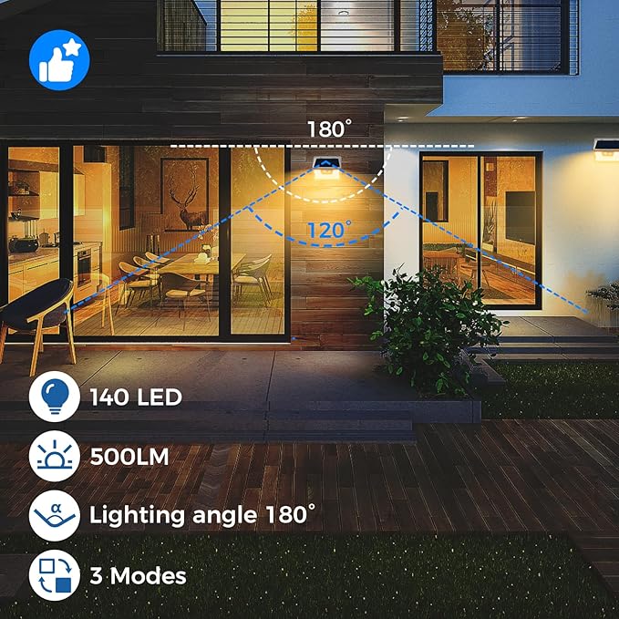 Peasur White Frame Solar Motion Sensor Lights Outdoor, 2 Packs 180LED Warm Solar Wall Lights Waterproof, 3 Modes Fence Security Lighting for Deck Yard Stairs Garden