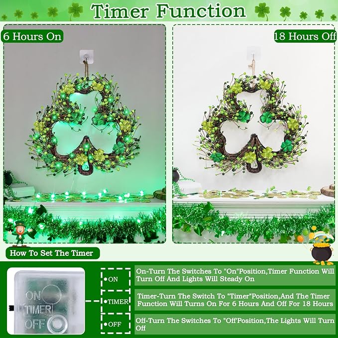 St Patricks Day Decorations, Shamrocks Wreath for Front Door, 20 Green Lights Timer Battery Operated 18 Inch 10 Shamrocks 162 Berries Battery Operated Spring Artificial Wreath St. Patrick's Day Decor