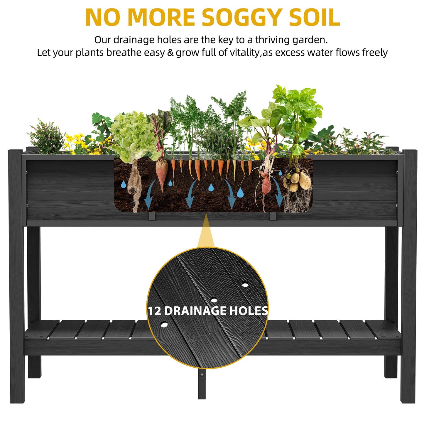 DWVO Raised Planter Box with Legs 48x18x30in Raised Garden Bed HDPE Poly Wood Weather-Resistant Elevated Garden Bed with Storage Shelf, Planter Boxes Outdoor for Patio Balcony Backyard, Black