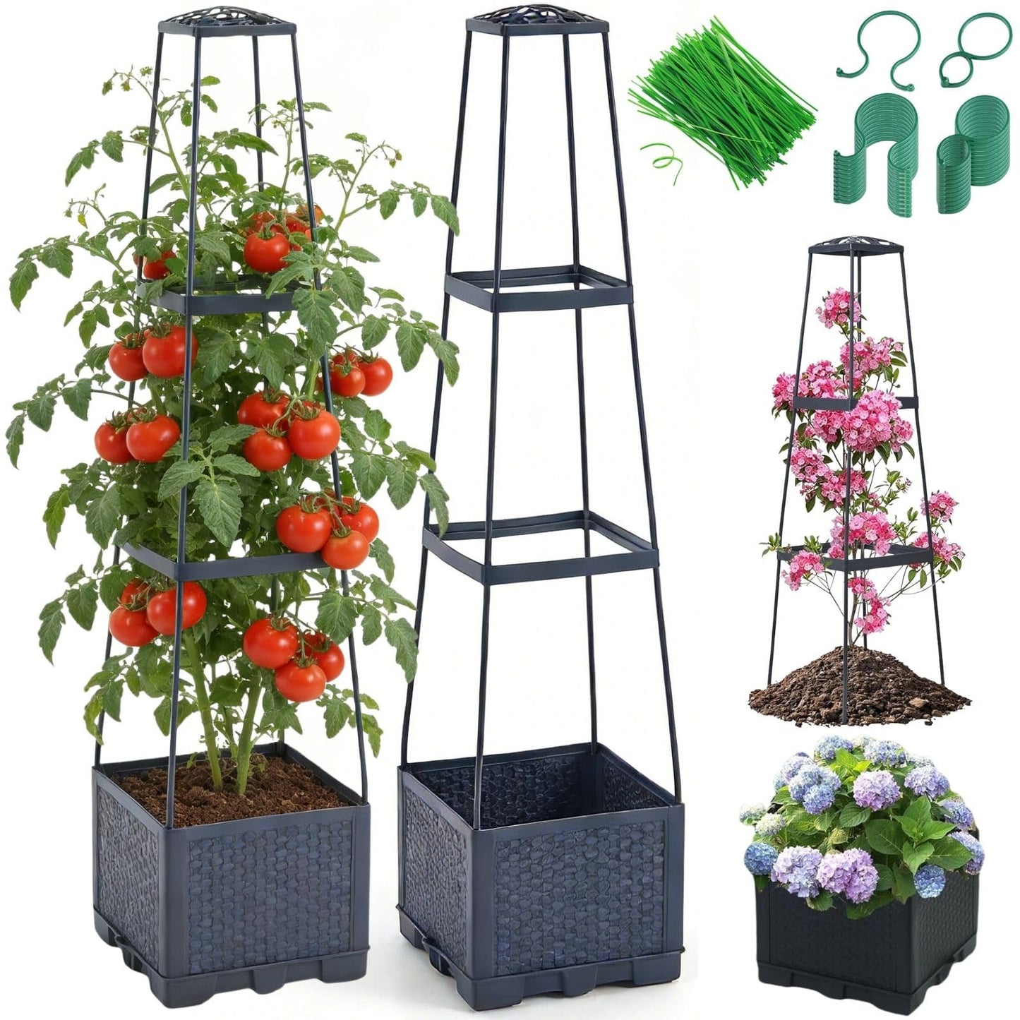 2 Pack Raised Garden Bed Tomato Planter with Trellis - 45" Self Watering Planters Box with Trapezoidal Trellis for Climbing Plants Vegetables Flowers - Tomato Cages for Greenhouse Indoor Outdoor