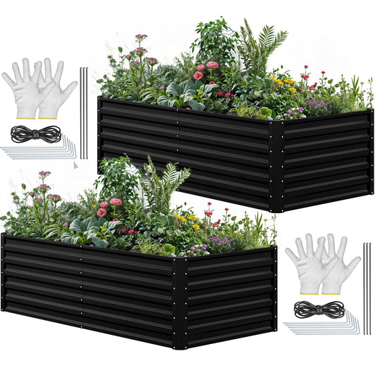 YITAHOME 72x36x24 in 2pcs Galvanized Raised Garden Bed Kit, Large Metal Planter Box with Gloves & Support Rod, Outdoor Flower Bed for Plants Vegetables, Black