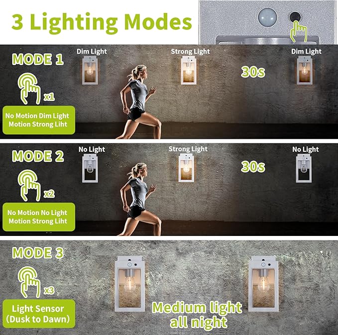 2 Pack Solar Porch Lights Outdoor,Solar Wall Lights with 3 Lighting Modes&Motion Sensor, Dusk to Dawn Sconce Lights Wall Mount,Exterior Wall Lantern Light Fixture for House, Garage,Patio,Shed