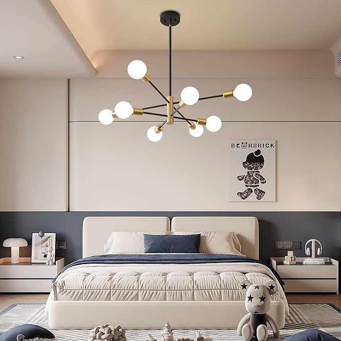 Sputnik Chandelier Mid Century Modern Industrial E26 Pendant Lighting Chandeliers Ceiling Light Fixture Black and Gold Light for Living Room,Kitchen,Bedroom,Dining Room and Farmhouse