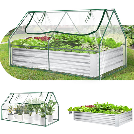 SEJOV 6x3x1ft Galvanized Raised Garden Bed with Cover & 2 Large Windows, Mini Greenhouses for Outdoors, Metal Planter Box Kit for Vegetables Flowers Herbs, 1 Pair of Gloves Included, Clear
