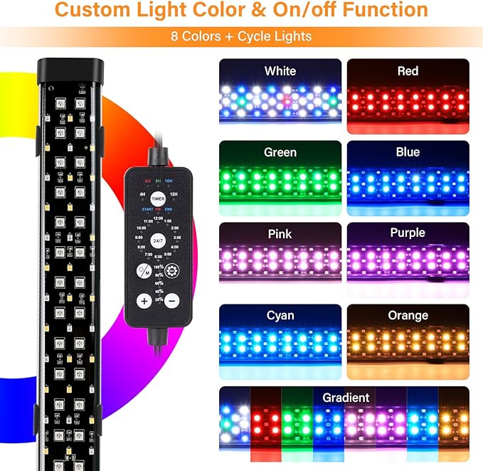 hygger Submersible LED Aquarium Light, 24W 26.8 in 24/7 Mode Fish Tank Light with 5 Rows Beads, with Timer 9 Colors and Adjustable Brightness, Full Spectrum IP68 Waterproof Light for Fish Tank 28-54in