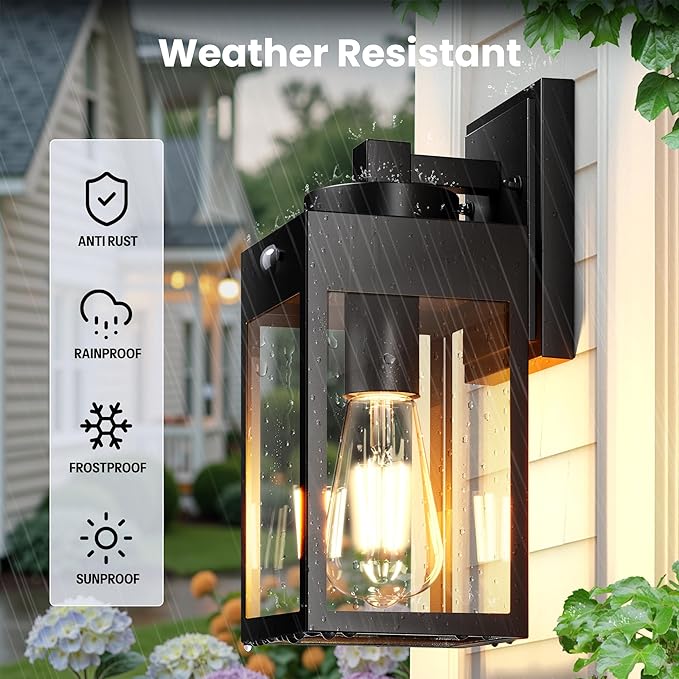 Gleamz 2-Pack Motion Sensor Exterior Light Fixtures Wall Mount for House, H 11'' Black Outdoor Sconce Light Lantern for Garage Coach Entryway, Modern Waterproof Porch Lights Outdoor Dusk to Dawn