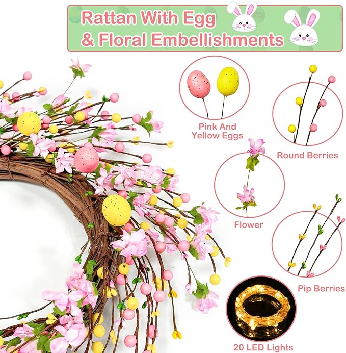 Timer - 20 Inch Easter Wreaths for Front Door with 20 Warm LED Lights Colorful Eggs, Battery Operated Easter Decorations fo Home Wall Window Indoor Outdoor Spring Holiday Decorations, Easter Gifts