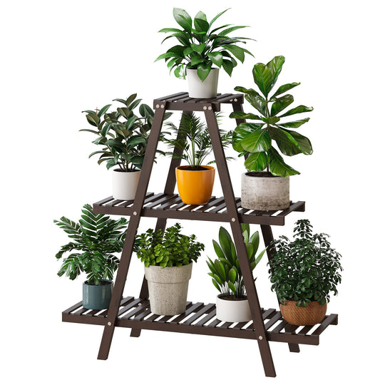 Furshus Plant Stand Indoor, Outdoor bamboo Plant Rack for Multiple Plants, 3 Tier 8 Potted Flower Holder Ladder,Plant Shelf Ladder Table Plant Pot Stand for Living Room, Patio, Balcony (Brown)
