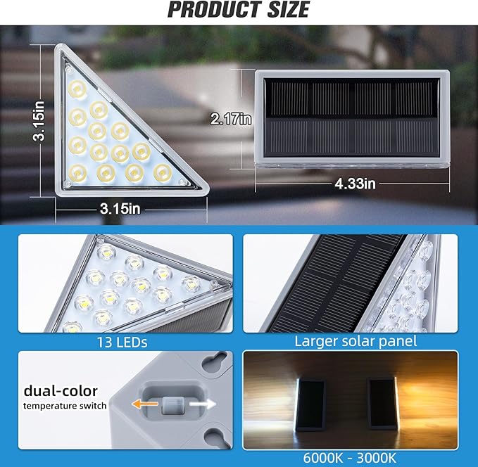 NIORSUN Solar Step Lights 24 Pack - Outdoor Stair Lights with 3000K Warm White & 6000K Cool Daylight, IP67 Waterproof, Auto On/Off, Super Bright for Deck, Patio, Steps