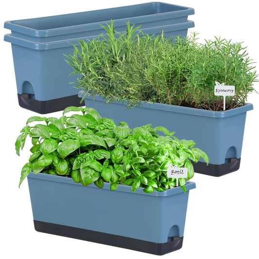 Window Box Planter 4 Packs, 17 Inches Rectangle Flower Pots with Drainage Holes & Trays, Pots for Vegetables, Herbs, Flowers, Garden Windowsill Balcony (Blue, 17 * 5.1 * 6 inch)