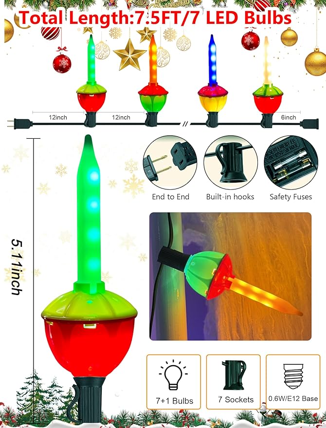 Vintage Christmas Bubble Lights, 7.5Ft Outdoor Colorful Christmas Decorations String Lights with 8 LED Twinkling Multicolor Bubble Lights for Christmas Tree Holiday Party Fireplace House Window Patio