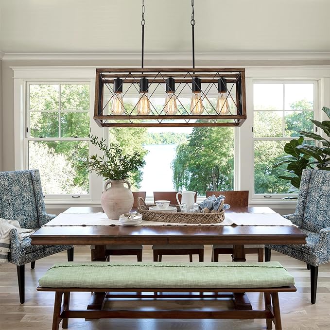 KEESFU 5-Light Dining Room Light Fixture, Farmhouse Kitchen Island Lighting,Adjustable Height Pendant Light, Rustic Linear Chandelier for Kitchen, Dining Room Table, Pool Table. (Wood Grain Color)