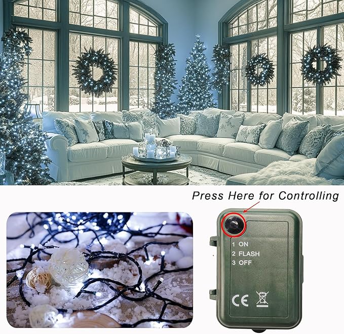 Cool White String Lights Battery Powered, 4 Pack Total 66.6 FT 200 LED Christmas String Lights Indoor Outdoor Decoration, Twinkle Fairy Light for Classroom Dorm Bedroom Xmas Tree Party Decor
