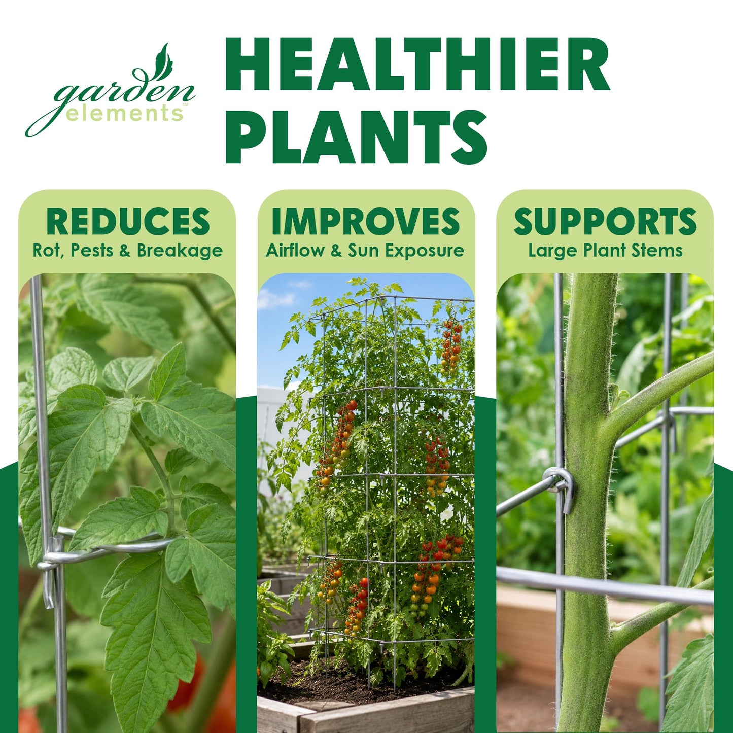 Garden Elements Square Tomato Cage, 48 Inch (Pack of 3) - Heavy Duty Galvanized Steel Plant Support, Collapsible Garden Trellis with 8-Leg Stability for Climbing Vegetables & Vines