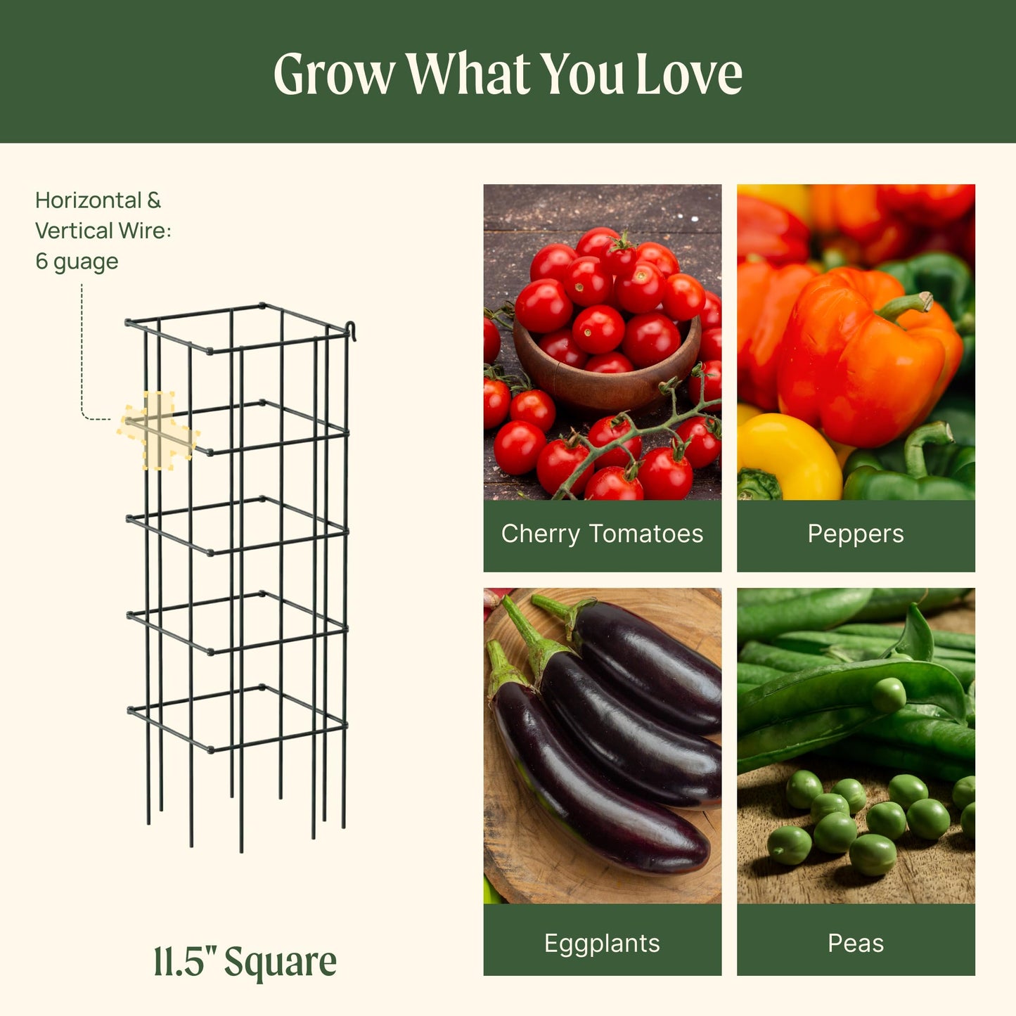 Vego Garden 4 Pack 11.5" Square Tomato Cage for Garden & Pots, Rust-Resistant Tomato Stakes Heavy Gauge Plant Cage Trellis Support for Climbing Vegetables Plants