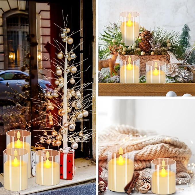 Flameless Candles 4" 5" 6" Set of 3 Acrylic Glass Pillars 3" Diameter Battery Operated Flickering Candles Include 8-Key Remote with Timer Function 400+ Hours (Pure White, 3 Pack)