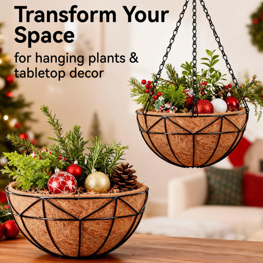Halatool 4 Pack 14 Inch Hanging Baskets for Outdoor Plants, Heavy Duty Basket with Coco Liners, Rust-Proof Hanging Planters for Patio Fence Balcony Decor Trailing Vines Ferns Succulents Herbs