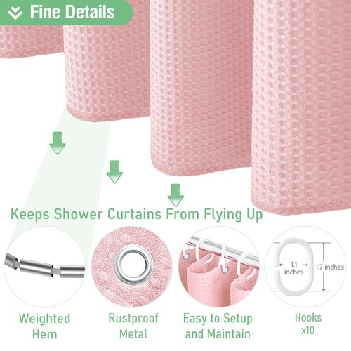 Dynamene Stall Fabric Shower Curtain - 54 inch Wide Waffle Weave Weighted Thick Cloth Shower Curtains for Bathroom, Heavy Duty Hotel Spa Luxury Bath Curtain Set with 10 Hooks, 54x72, Pink