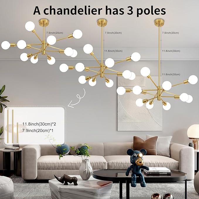 Sputnik Chandelier Modern Gold Chandelier Mid Century Ceiling Lighting Fixtures 10 Lights E26 for Living Room, Kitchen Island, Bedroom, Dining Room, and Farmhouse