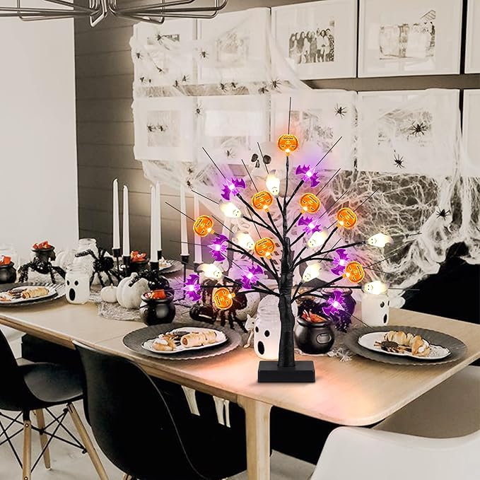 Mosoan 18 Inch Black Halloween Tree Light with 24 LED Pumpkin Bat Ghost Lights, Timer/USB/Battery Operated Halloween Lights, Indoor/Outdoor for Home, Table, Porch, Mantle, Party Decor