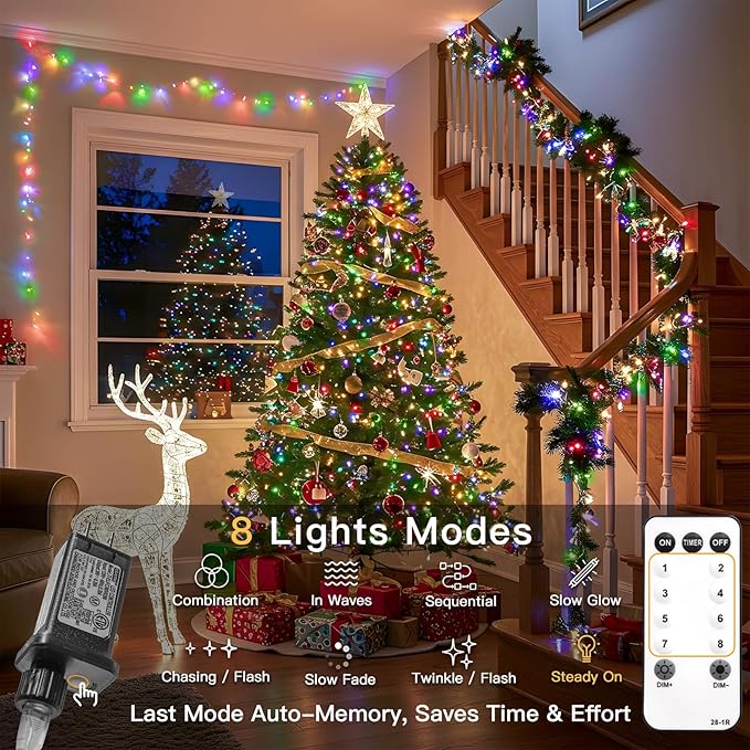 suddus Connectable Christmas Lights with Remote, Multicolor String Lights with Timer, 33ft 100 Led Fairy Lights Plug in for Xmas Tree, Bedroom, Dorm, Yard, Garden, Party, Indoor, Outdoor Decorations