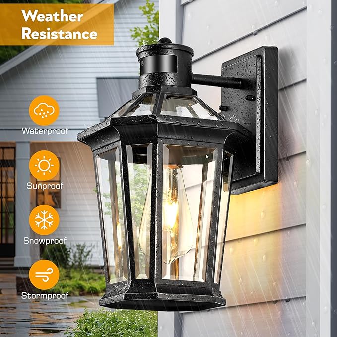 VIANIS Motion Sensor Outdoor Lighting, Outdoor Wall Lights Wall Mount with Clear Glass, Black Dusk to Dawn Garage Light Sconce, Waterproof Exterior Lights for House, Brightness Distance Adjustable