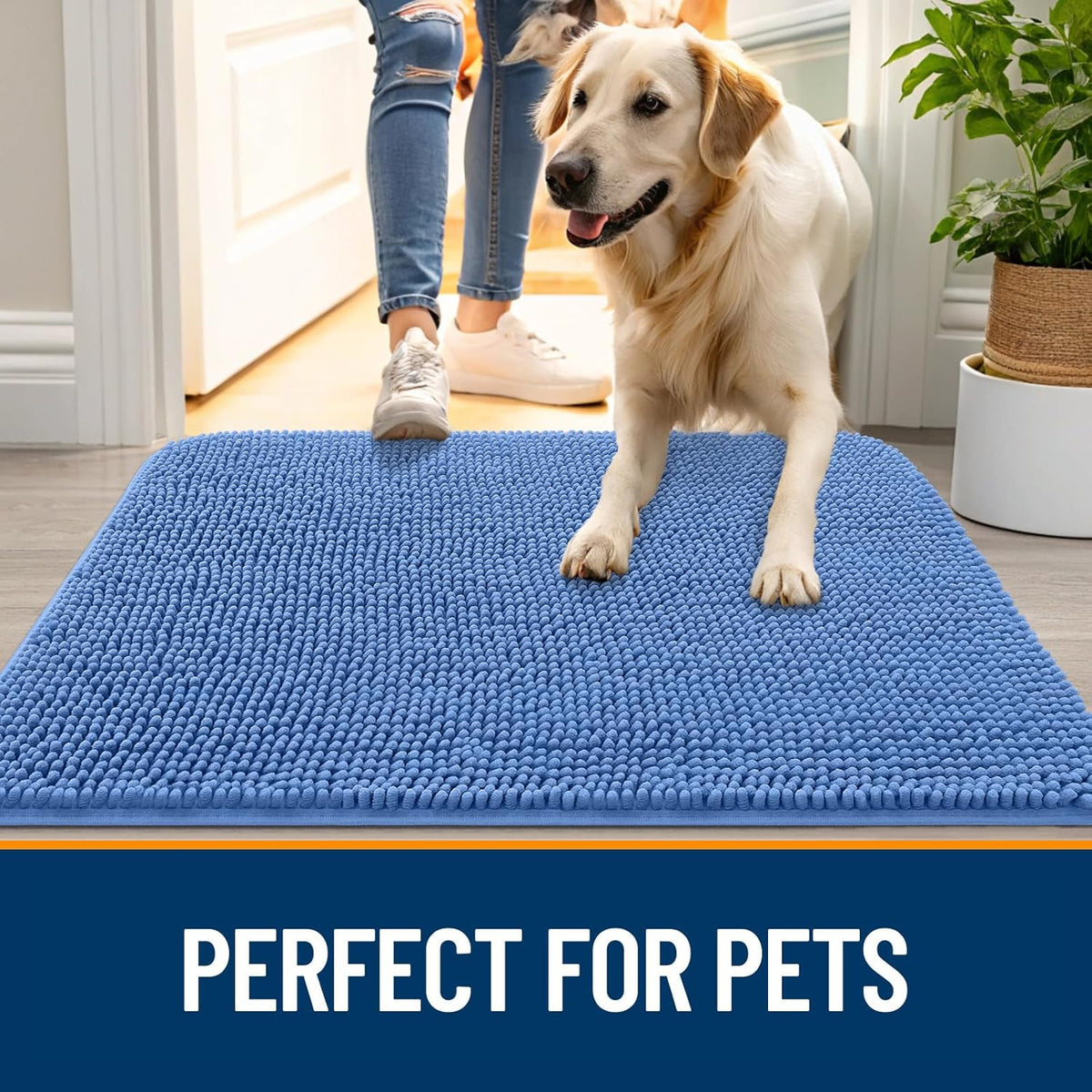 OLANLY Dog Door Mat - Absorbent Non-Slip Chenille Mat for Muddy Paws | 59x35 Inches, Cornflower Blue