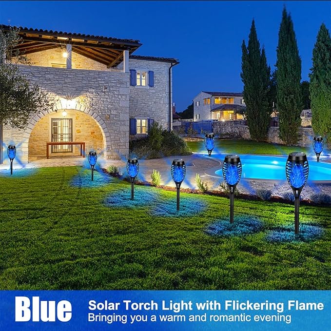 16 Pack Solar-Powered Flashlight Torches for Outdoor use, Dancing and Flickering Flame Torches for Landscape Decoration, Suitable for Paths, lawns, terraces (Blue)