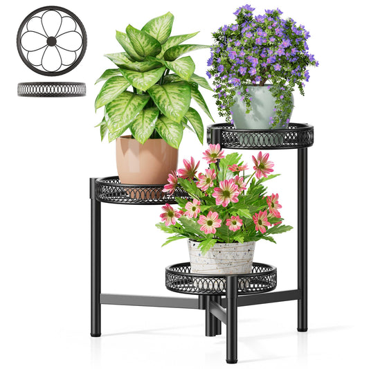 NQW 3 Tier Metal Plant Stand Indoor Outdoor, Corner Tall Plant Shelf for Multiple Plants, Foldable Heavy Duty Plant Holder, Decoration Flower Pot Stand for Patio Living Room Balcony Garden - BlackFlower