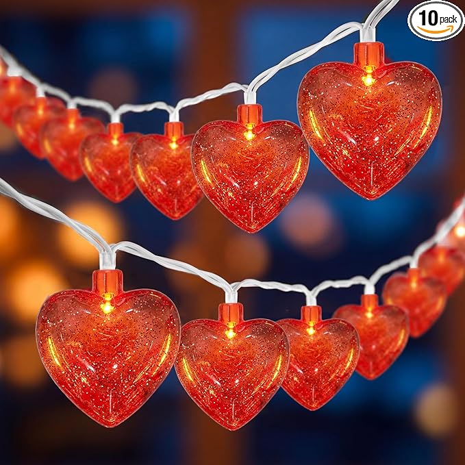 8.5 Ft Heart String Lights, Valentines Day Decorations Lights with 10 LED Glitter Red Heart Lights, Plug in Fairy Heart Shape String Lights for Wedding Anniversary Party Valentine's Day