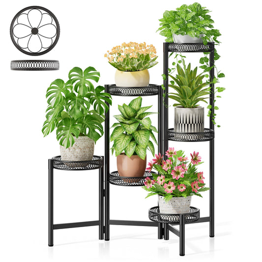 NQW 6 Tier Large Plant Stand Indoor with 7.9-Inch Wide Drainage Tray, Tiered Corner Metal Outdoor Flower Display Holder Shelf, Folding Tall Rack for House Patio Porch Balcony Graden - BlackFlower
