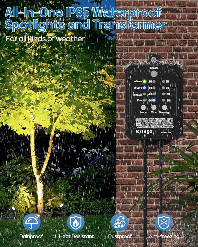 HIBOITEC Low Voltage Landscape Lighting with Transformer Photocell Sensor and Timer Spotlights Kit 68FT ETL Approved Wire Dimmable Waterproof 2700K for House Yard Trees Garden Plants Outdoor 8 Packs