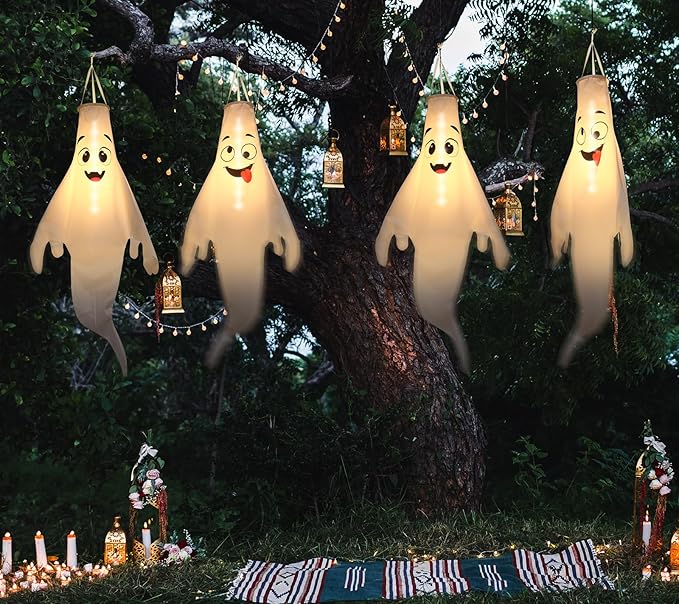 Halloween Ghost Decorations Outdoor: with Timer, 2 Pcs Cute Hanging Ghost for Tree Porch Garden Yard, Waterproof LED Ghost Halloween Decor
