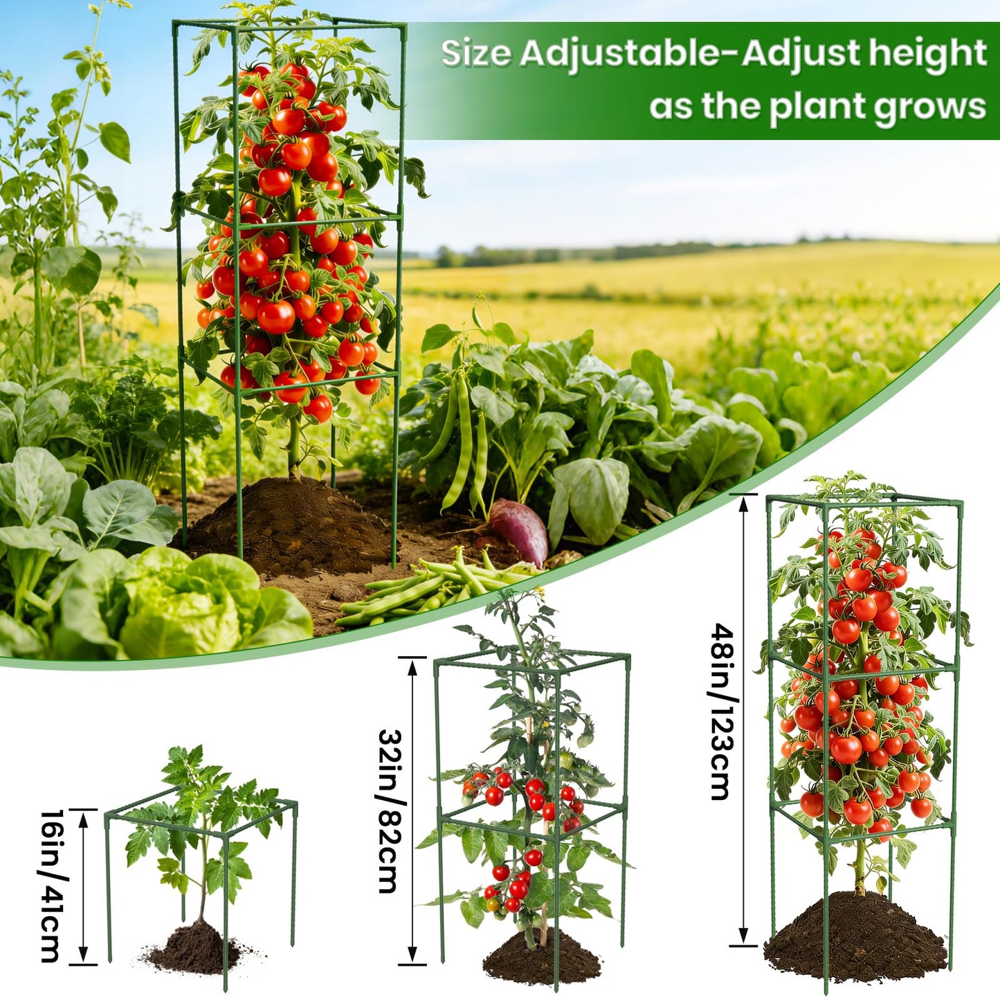 6 Pack Tomato Cages, 48'' Tall Tomato Plant Stakes Support for Raised Garden Bed Tomato, Square Trellis Cages for Garden Climbing Vegetables Flowers Fruits
